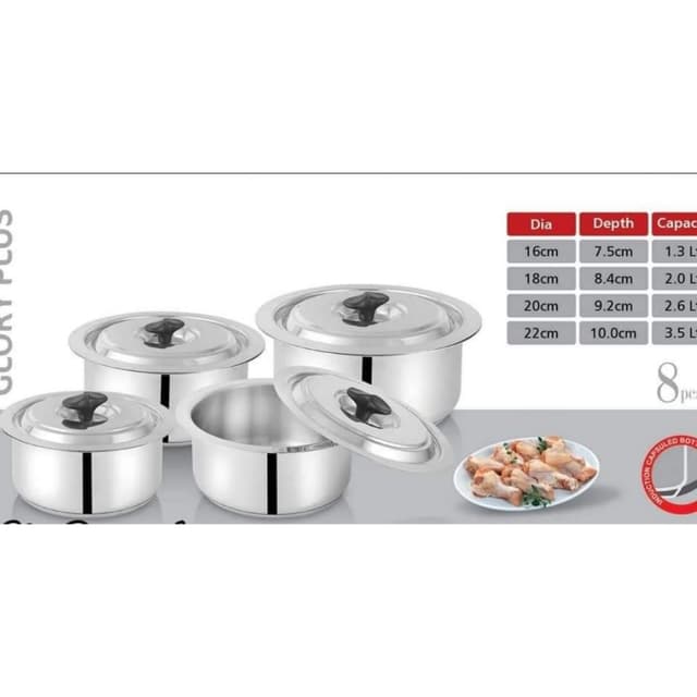 Alpha Stainless Steel 4pcs pot set Glory plus Heavy Weight Durable Three Layers Base Bottom 16cm__18cm__20cm__22cm