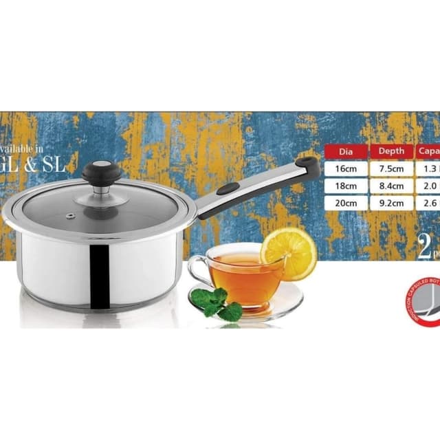 Alpha Stainless Steel Sauce pan Durable Three Layers Base Bottom Glass lid / Steel lid