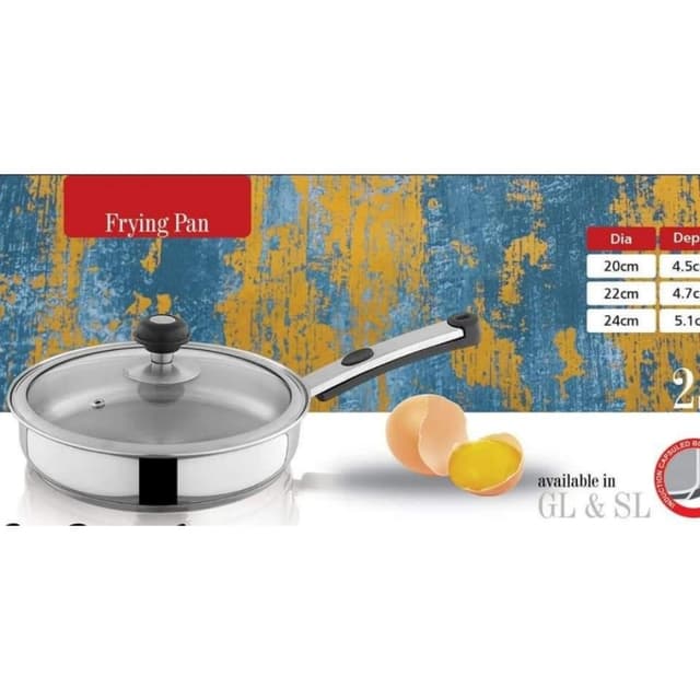 Alpha Stainless Steel fry pan Durable Three Layers Base Bottom glass lid & steel lid