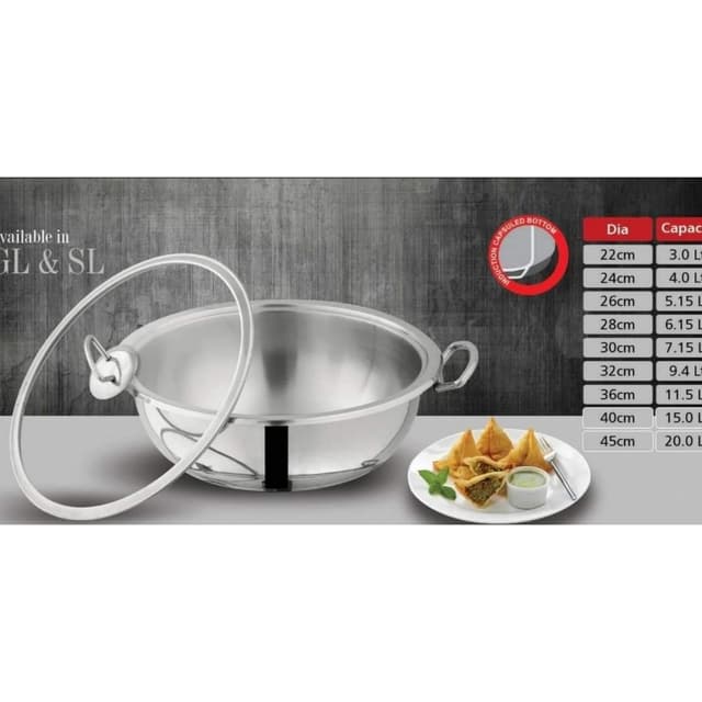 Alpha Stainless Steel Wok Durable Three Layers Base Bottom Glass Lid & Steel lid