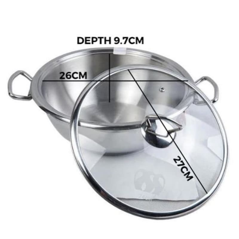 Alpha Stainless Steel Wok Durable Three Layers Base Bottom Glass Lid & Steel lid