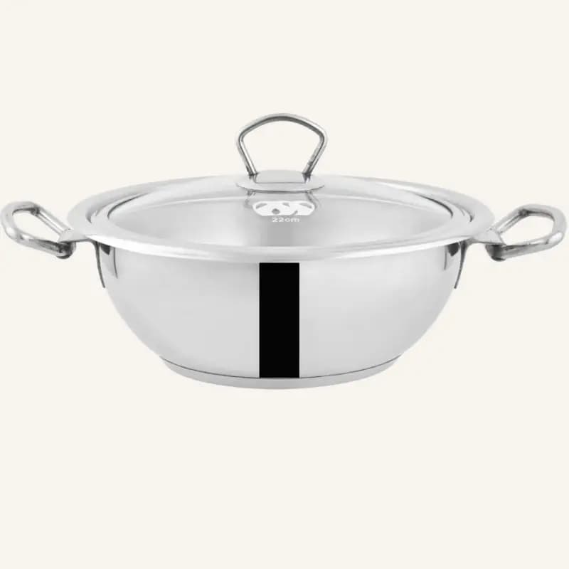 Alpha Stainless Steel Wok Durable Three Layers Base Bottom Glass Lid & Steel lid