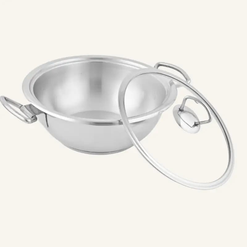 Alpha Stainless Steel Wok Durable Three Layers Base Bottom Glass Lid & Steel lid