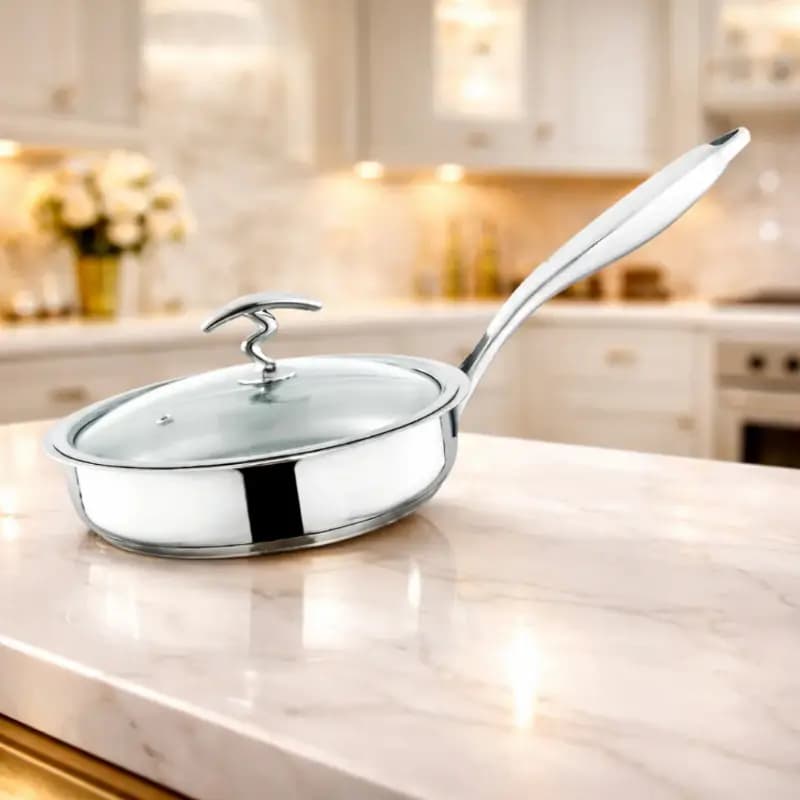 Alpha Stainless Steel fry pan Durable Three Layers Base Bottom glass lid & steel lid