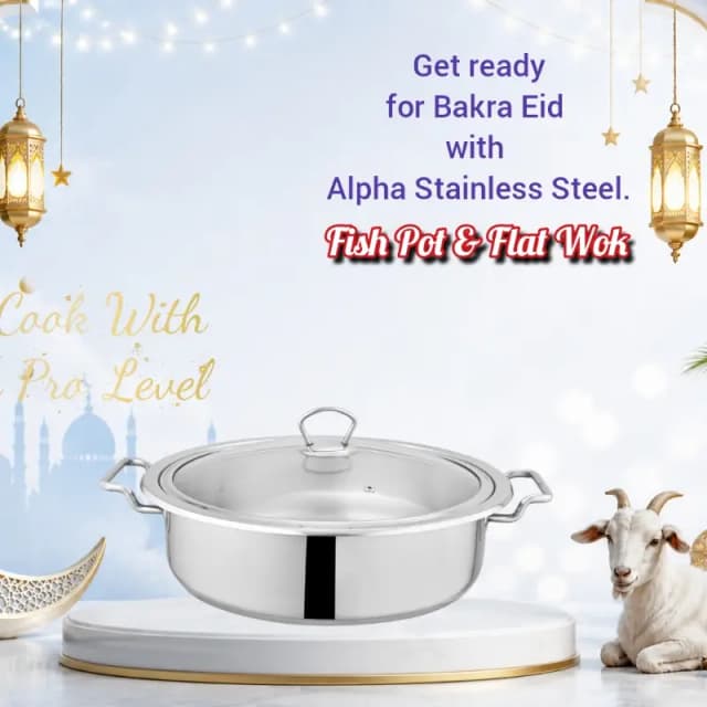 Alpha Stainless Steel Durable Three Layers Base Bottom Flat Wok & Fish Pot