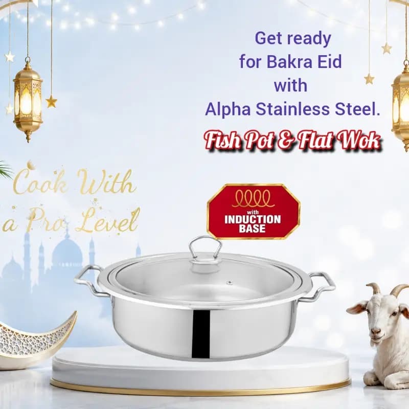 Alpha Stainless Steel Durable Three Layers Base Bottom Flat Wok & Fish Pot